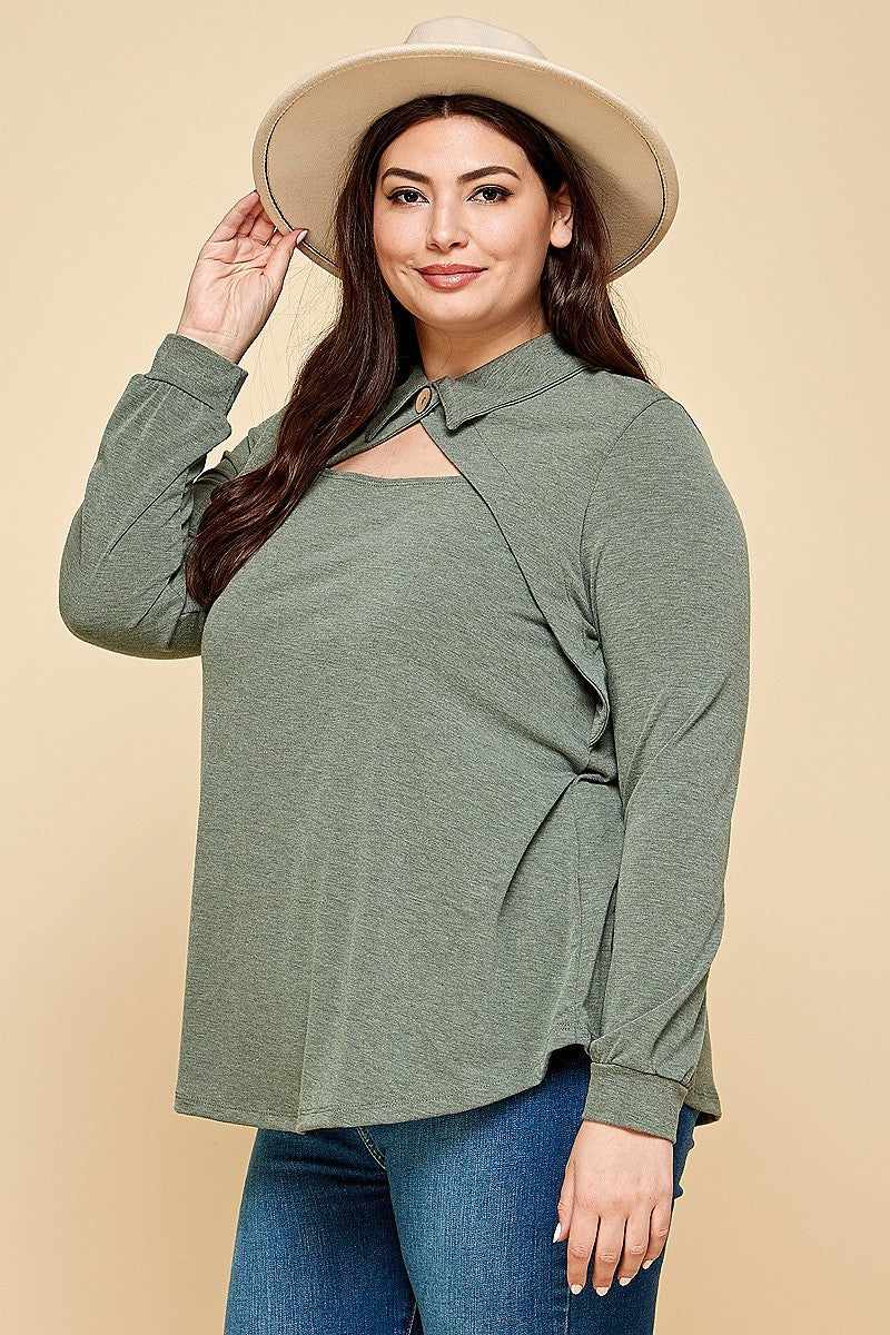 Plus size olive long sleeve fashion top with cut out collar and button neckline, modeled with a hat, made in USA, size 1XL-3XL.