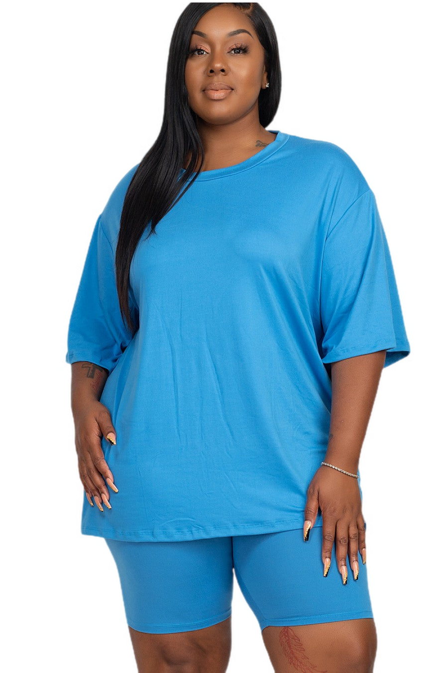 Plus Size Women's Loose Fit Blue Top and Biker Shorts Set - Casual, Comfortable, High-Quality Polyester, Lightweight Fabric