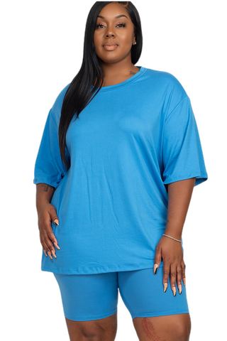 Plus Size Women's Loose Fit Blue Top and Biker Shorts Set - Casual, Comfortable, High-Quality Polyester, Lightweight Fabric