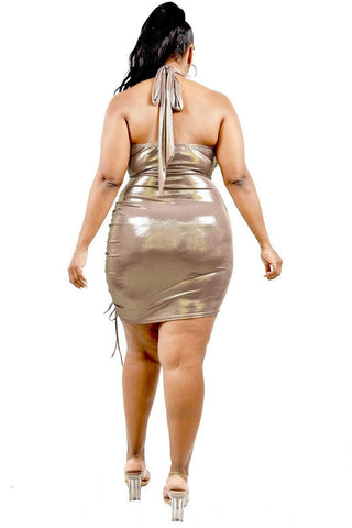 Plus size metallic mauve halter mini dress with cross wrap and tie side detail, back view showcasing cutout and stretch fabric.