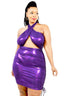 Plus Size Metallic Cross Wrap Purple Halter Mini Dress