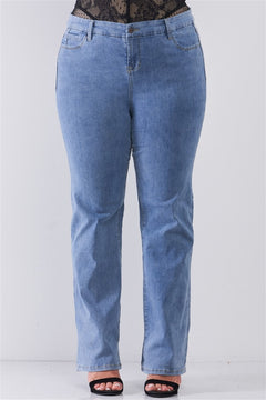Plus Size Mid Blue Low-Rise Wide Leg Jeans