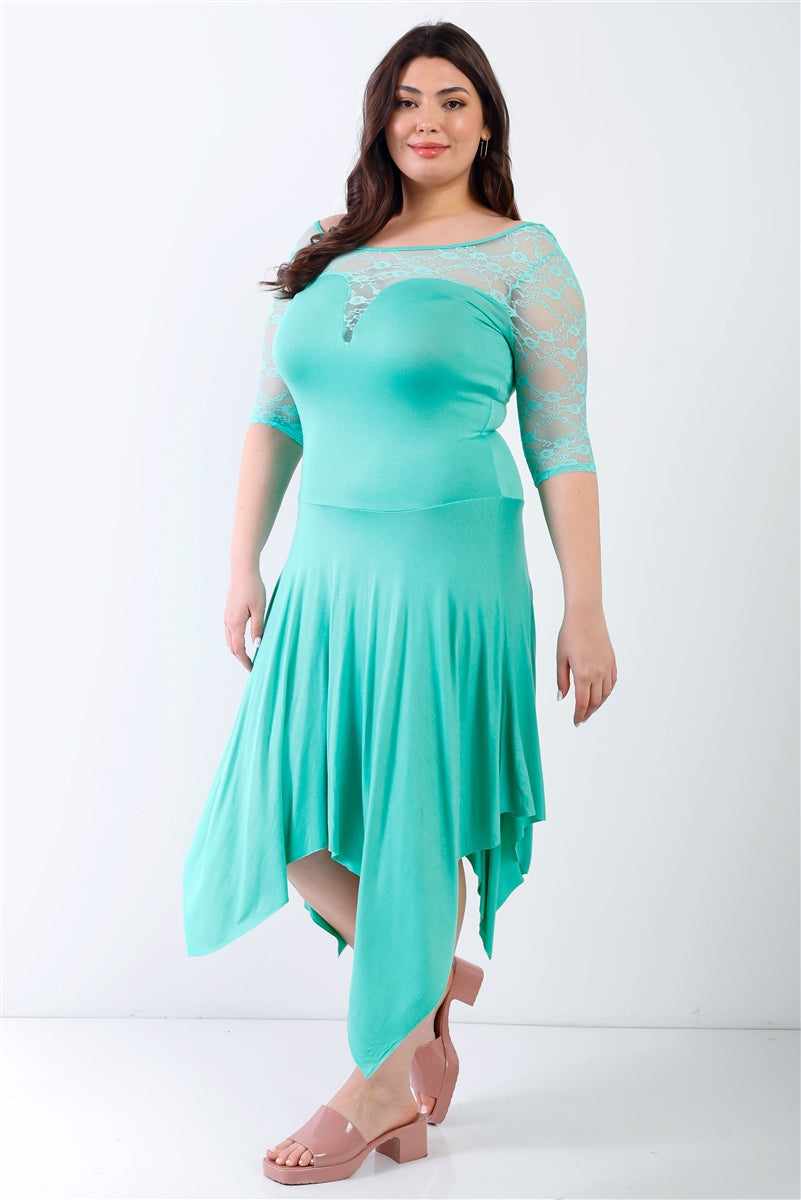 Plus size mint lace midi dress with handkerchief hem, featuring short sleeves and round neckline.