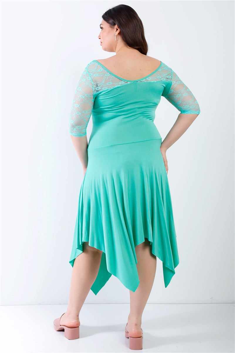 Plus size mint lace midi dress with handkerchief hem, lace sleeves, and round neckline, shown from the back view.