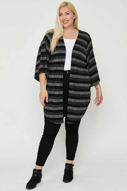 Plus Size Multi-color Striped Black Cardigan