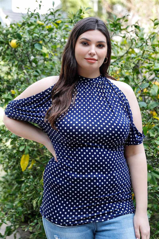 Plus Size Multi Polka Dot Open Shoulder Short Sleeve Blouse