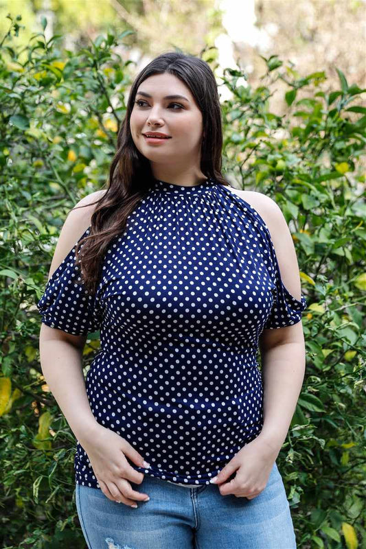 Plus Size Multi Polka Dot Open Shoulder Short Sleeve Blouse