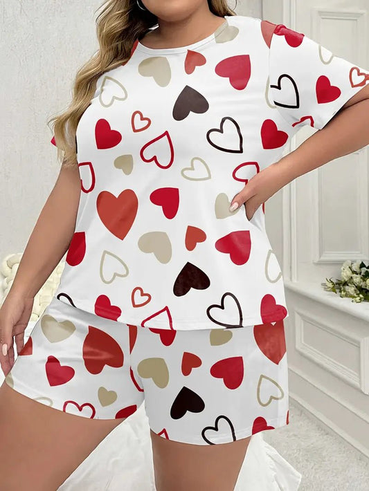 Plus Size Multicolor Heart Pajama Short Set