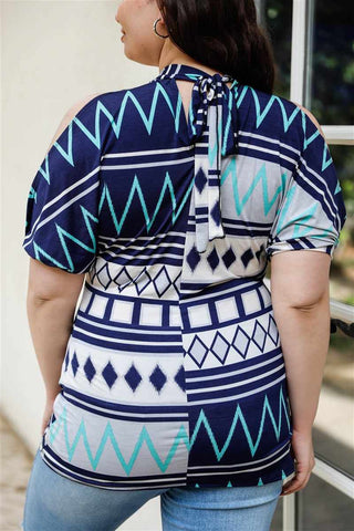 Plus Size Navy/Mint Polka Dot Open Shoulder Short Sleeve Blouse