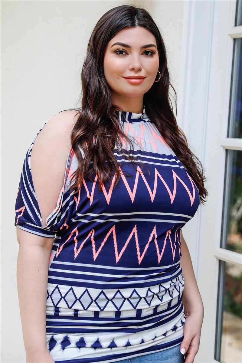 Plus Size Navy/Multi Polka Dot Open Shoulder Short Sleeve Blouse