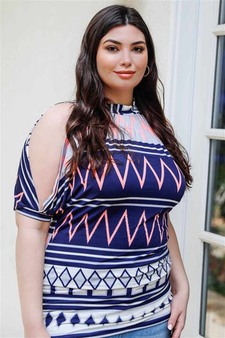 Plus Size Navy/Multi Polka Dot Open Shoulder Short Sleeve Blouse