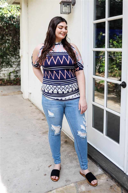 Plus Size Navy/Multi Polka Dot Open Shoulder Short Sleeve Blouse