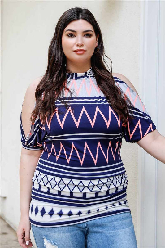 Plus Size Navy/Multi Polka Dot Open Shoulder Short Sleeve Blouse