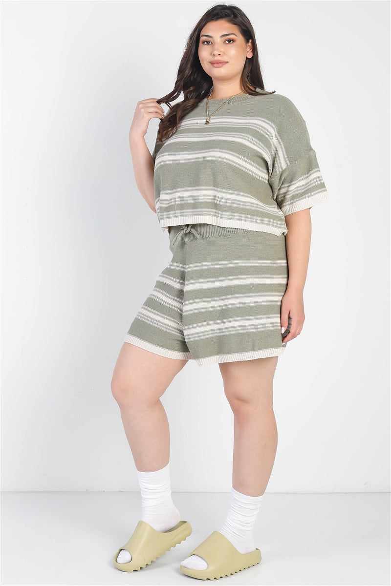 Plus size olive striped crop top and shorts set, comfy boho style with a round neckline and elasticized waistband, summer trendy look