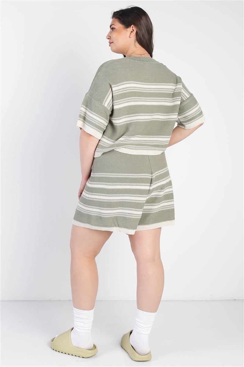 Plus size olive striped crop top and shorts set, comfy summer boho vibe with elastic waist and relaxed fit, back view.