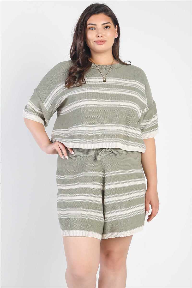 Plus size olive striped crop top and shorts set with boho summer vibes.