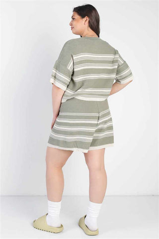 Plus size olive striped crop top and shorts set, comfy summer boho vibe with elastic waist and relaxed fit, back view.