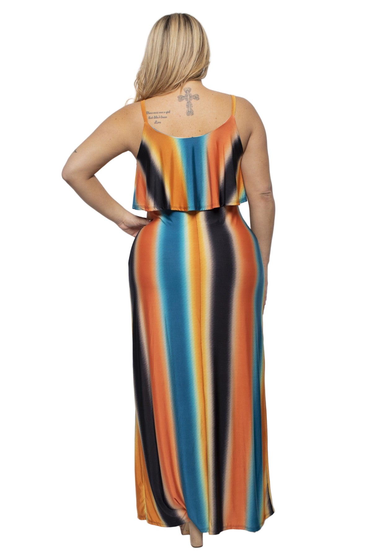 Plus size ombre stripe ruffle maxi dress in vibrant colors, featuring 95% polyester and 5% spandex, back view.
