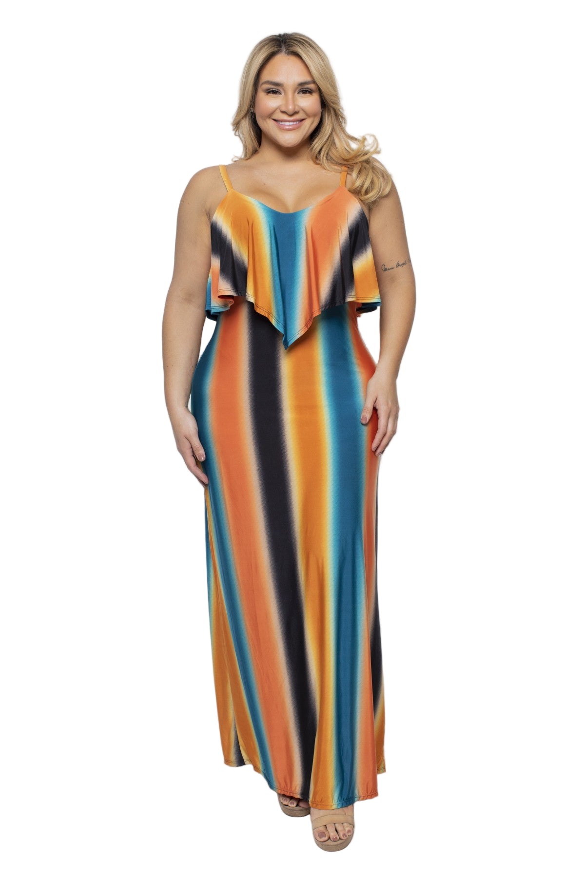 Plus size ombre stripe ruffle maxi dress in vibrant colors, featuring a flowing design with a flattering fit.