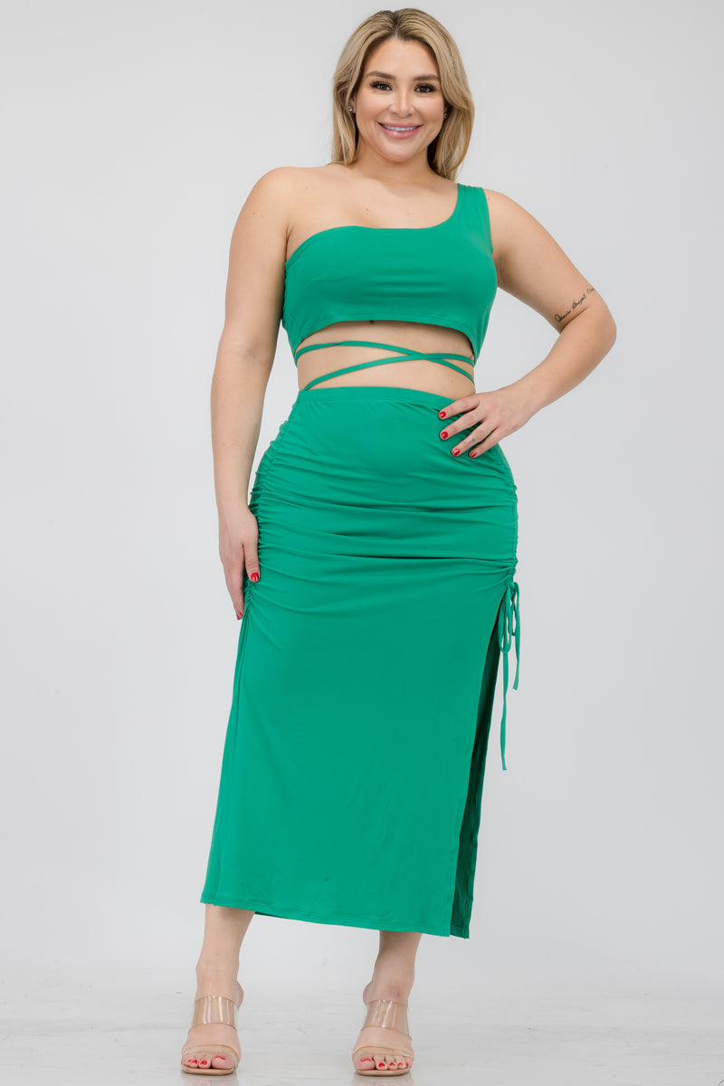 Plus Size One Shoulder Crop Top & Drawstring Ruched Crisscross Tie