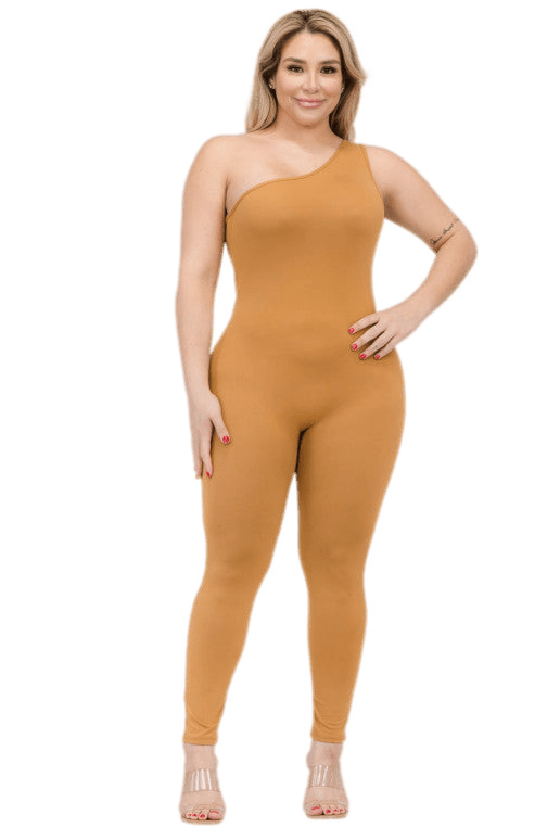 Plus size one shoulder jumpsuit in solid color, soft high stretch jersey, trendy and breathable casual women's outfit.