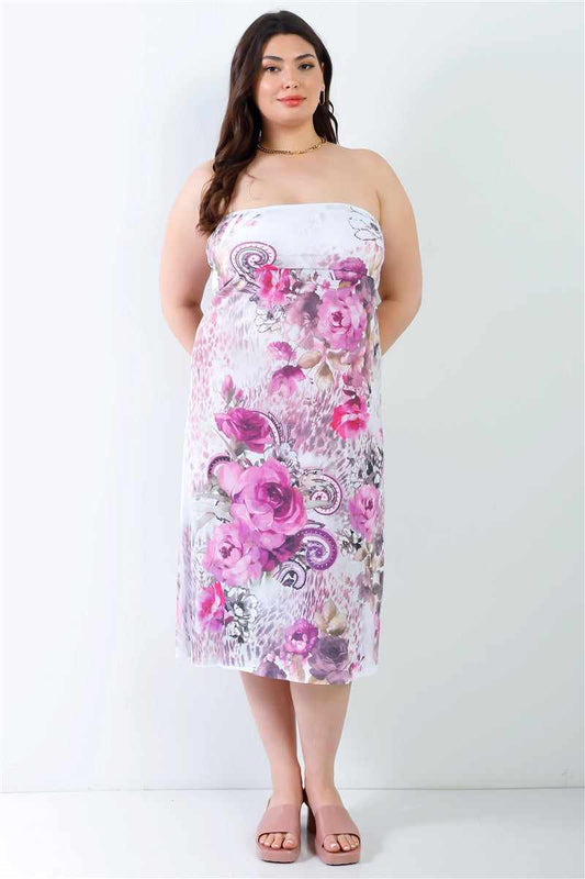 Plus size pink flower print sleeveless midi dress with elasticized top, worn by a woman, perfect for casual, girlish style.