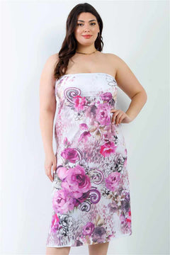 Plus Size Pink Flower Print Sleeveless Midi Dress