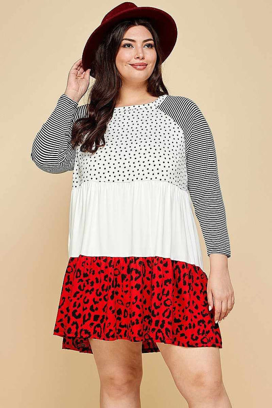 Plus size red swing dress with polka dot and animal print, striped sleeves, made in USA, available in 1XL-3XL sizes.