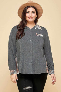 Plus Size Printed Patchwork Contrast Button Up Shirt-Charcoal