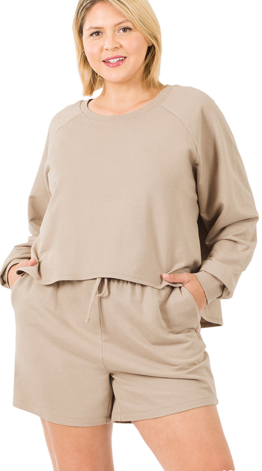 Plus size raglan sleeve oversized top and shorts in ash mocha, featuring drawstring waist and side pockets, made of 100% cotton.
