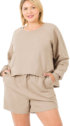 Plus size raglan sleeve oversized top and shorts in ash mocha, featuring drawstring waist and side pockets, made of 100% cotton.