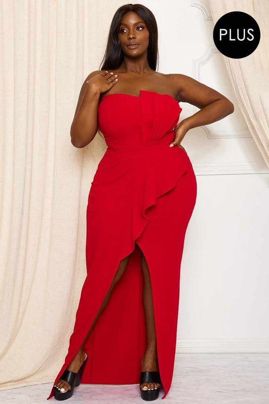 Plus size red maxi dress with tube top, front slit, and ruffle detail.