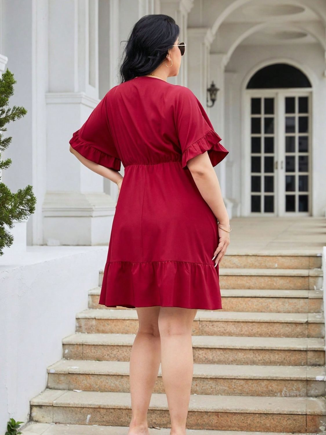 Plus Size Red Mini Dress Surplice Flounce Sleeve