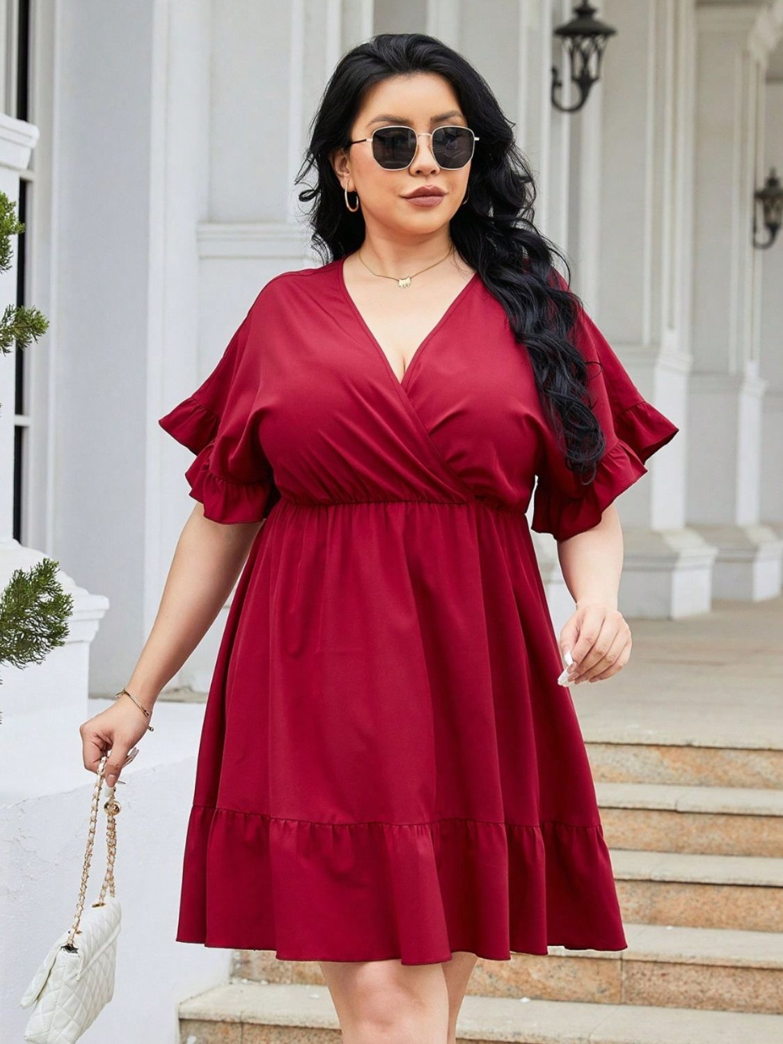 Plus Size Red Mini Dress Surplice Flounce Sleeve