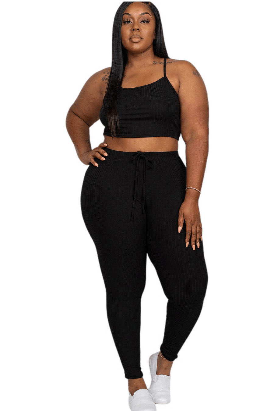 Plus Size Ribbed Crop Cami Top & Leggings Set in black, featuring a soft, stretchy rib knit for comfort and casual style.