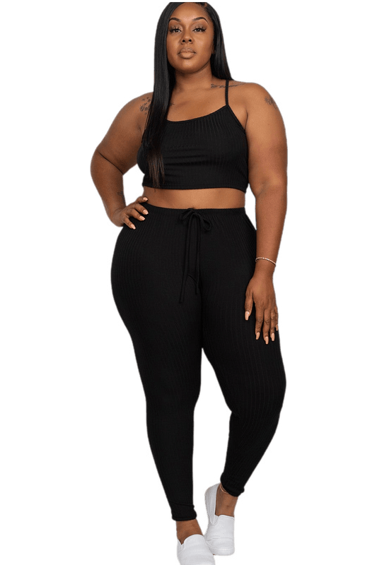 Plus Size Ribbed Crop Cami Top & Leggings Set in black, featuring a soft, stretchy rib knit for comfort and casual style.