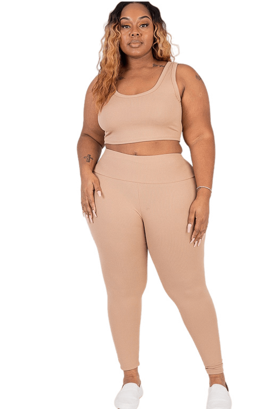 Plus Size Ribbed Crop Top & Leggings Set in beige, showcasing a stylish and comfortable fit for any occasion.