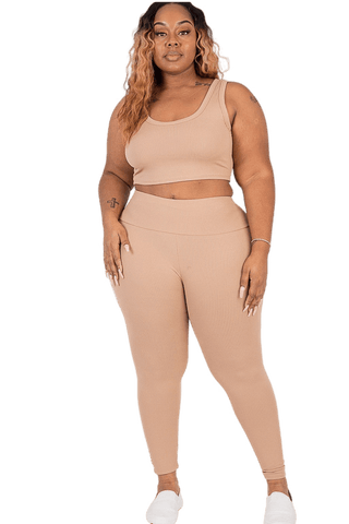 Plus Size Ribbed Crop Top & Leggings Set in beige, showcasing a stylish and comfortable fit for any occasion.