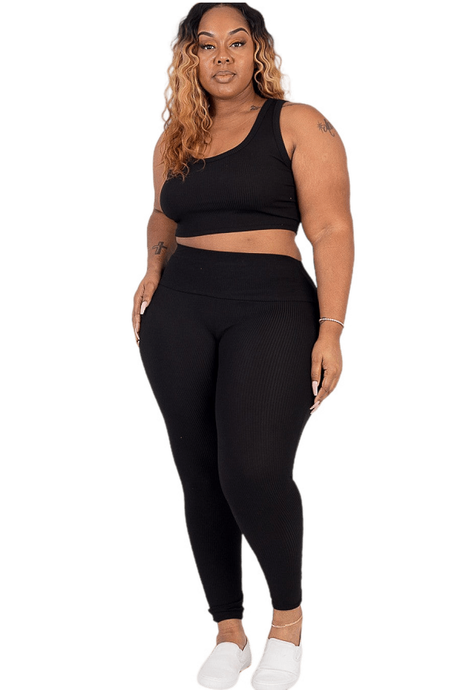 Plus size ribbed crop top and leggings set, comfy loungewear or stylish outfit for women, flattering and lightweight design.