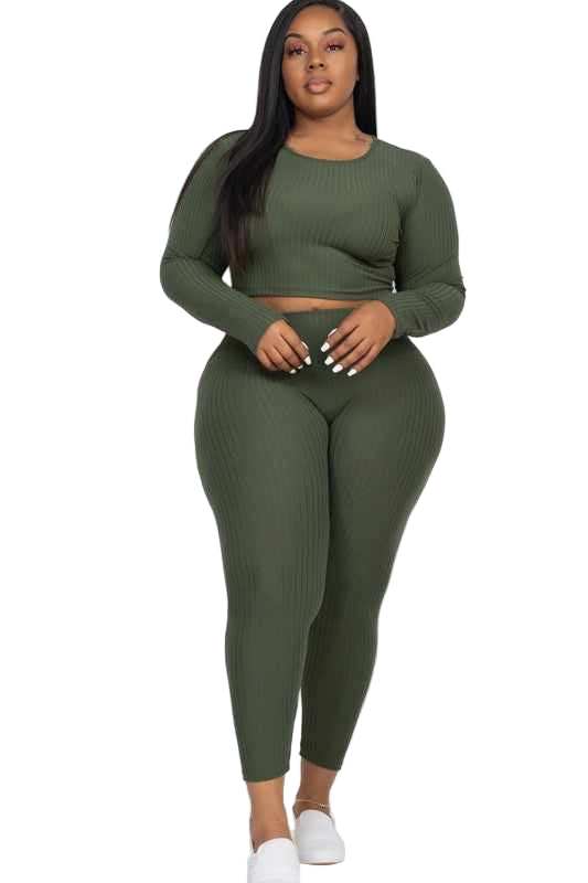 Plus-size woman wearing Break Your Heart two-piece set with ribbed long sleeve crop top and leggings in olive green, casual stylish outfit.