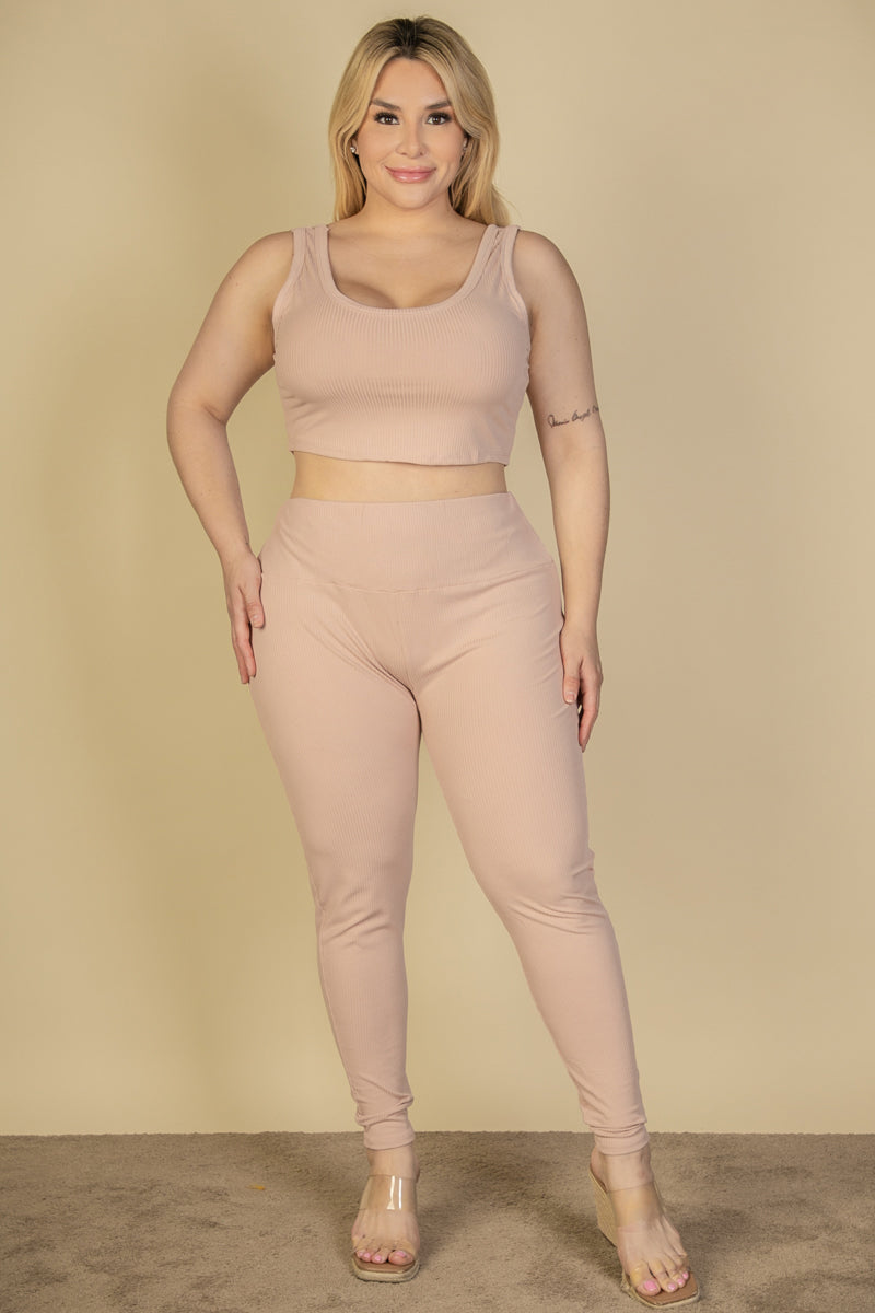 Plus Size Ribbed Crop Top & Leggings Set