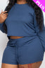 Plus Size Ribbed Loose Fit Long Sleeve Top & Short Set