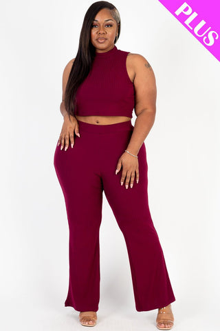 Plus Size Ribbed Mock Neck Crop Tank Top& Bootcut Pants Set