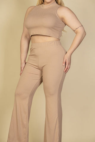 Plus Size Ribbed Mock Neck Crop Tank Top& Bootcut Pants Set