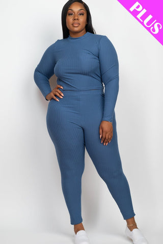 Plus Size Ribbed Mock Neck Top & Leggings Set | Loungewear