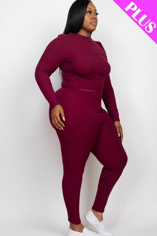 Plus Size Ribbed Mock Neck Top & Leggings Set | Loungewear