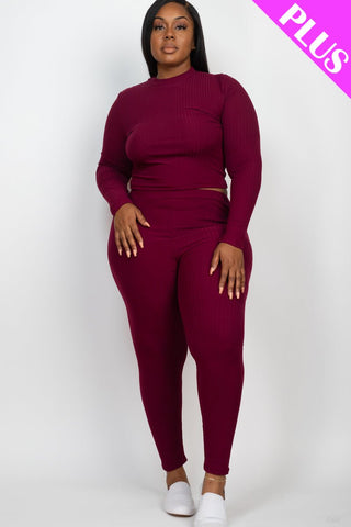 Plus Size Ribbed Mock Neck Top & Leggings Set | Loungewear