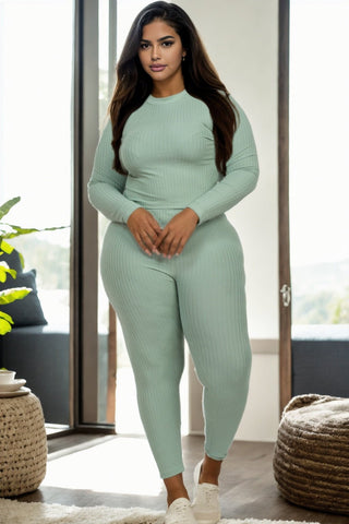 Plus Size Ribbed Mock Neck Top & Leggings Set | Loungewear