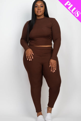 Plus Size Ribbed Mock Neck Top & Leggings Set | Loungewear