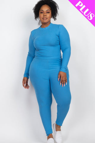 Plus Size Ribbed Mock Neck Top & Leggings Set | Loungewear
